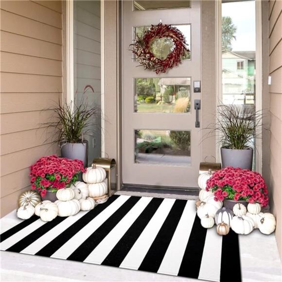 Black White Striped Rug-3x5 Front Door Mats Outdoor,Washable Rug for porch Decor - Picture 1 of 6